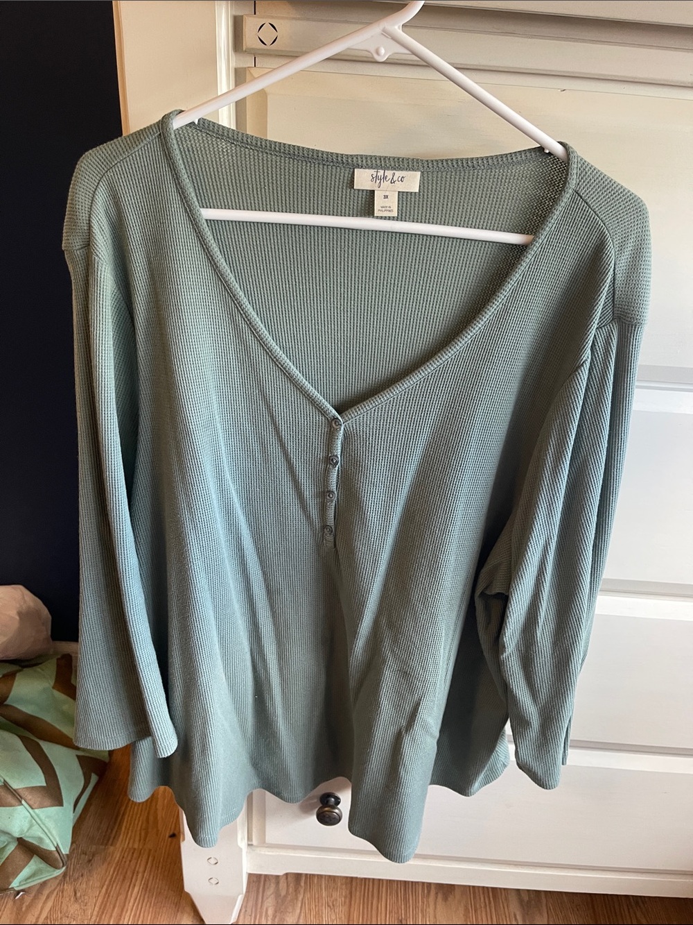 Style & Co. Dusty Sage Ribbed Henley Long Sleeve Top